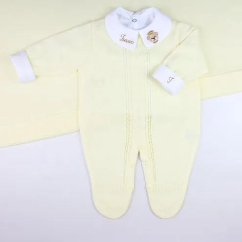 Saída De Maternidade Masculina Bebê Tricô 5 Peças Londres - ACOMPANHA BODY PERSONALIZADO                                                                        Amarelo