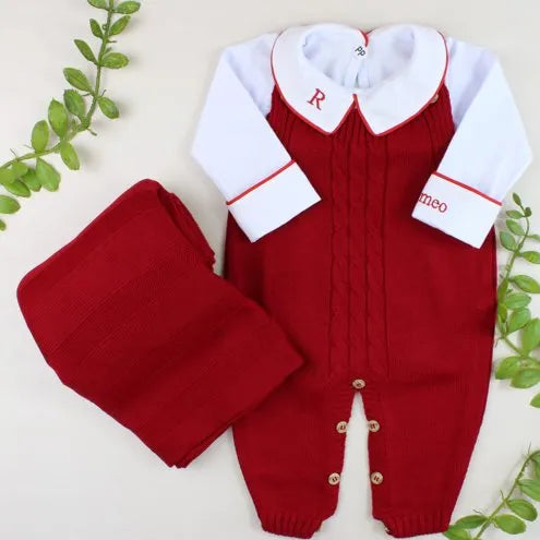 Saída De Maternidade Masculina Bebê Tricô Caio 7 Peças - ACOMPANHA BODY PERSONALIZADO                                                                         Vermelho